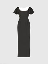 Black Crepe Fitted Long Dress With Short Ruffle Sleeves